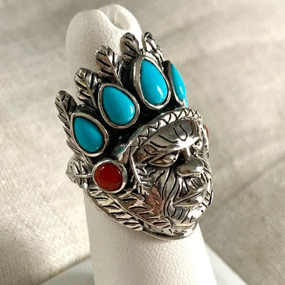 925 Sleeping Beauty Turquoise & Coral Ring Chief w/ Headdress Sterling Silver - Picture 2 of 10